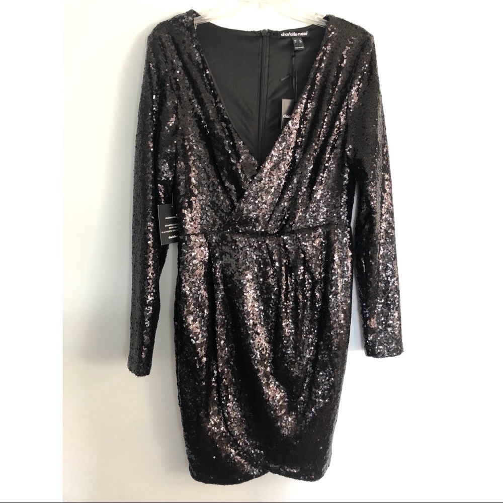 NWT Charlotte Russe Black Sparkly Long Sleeve Short Dress